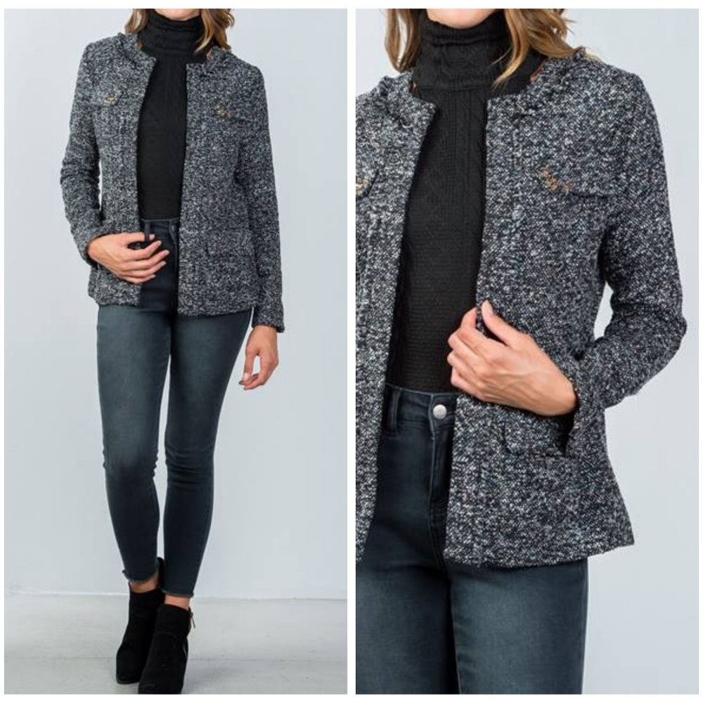 Embellished Woolen Tweed Blazer Jacket (Black)